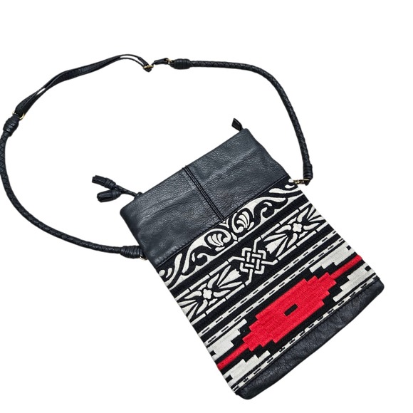 Isabella Fiore Black Leather Crossbody‎ Bag Aztec Embroidered Purse - Picture 1 of 7